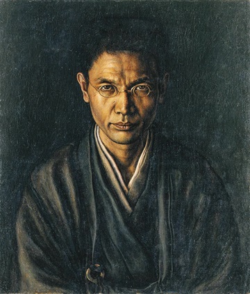 髙島野十郎《絡子をかけたる自画像》大正9(1920)年、福岡県立美術館蔵