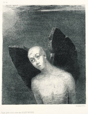 オディロン・ルドン《堕天使はその時黒い翼を開いた》(石版画集『夜』Ⅲ)1886年 リトグラフ・紙 三菱一号館美術館