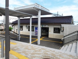 内部駅外観。瓦屋根の駅舎正面と歩行者用の屋根が映っている。